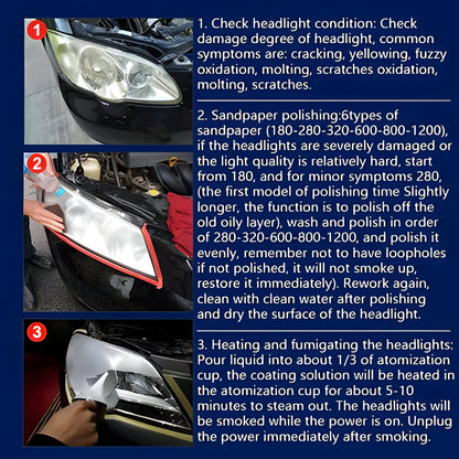 Headlight restoration kit contents: polishes, pads, & UV sealant for clear lens repair and auto detailing.