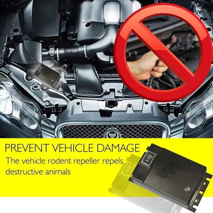 Vehicle safety ultrasonic rodent repeller, offering pest control & automotive protection against mice & rats.