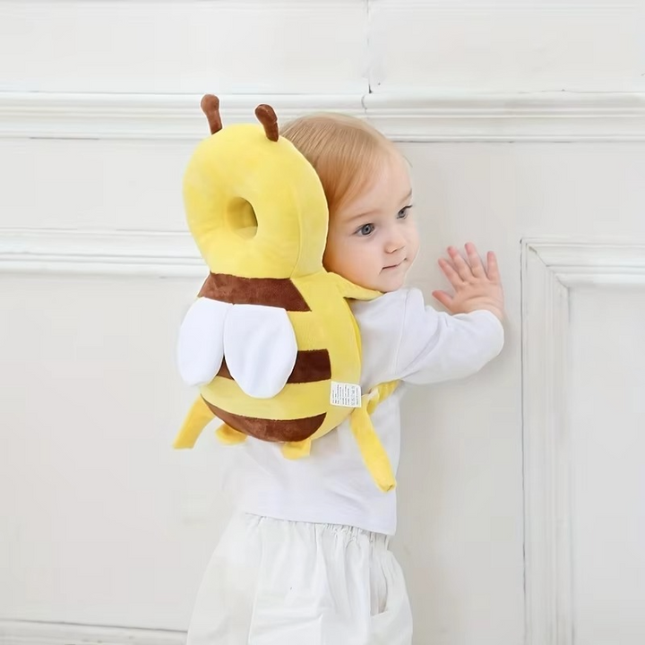 Adjustable Baby Bee Head Protection Pillow with soft padding, a crucial infant safety cushion for crawling toddlers.