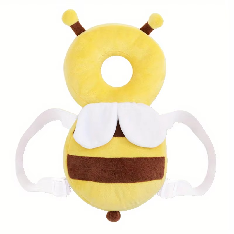 Baby head protector with adorable bee design, a soft infant safety cushion and crawling aid for toddlers.