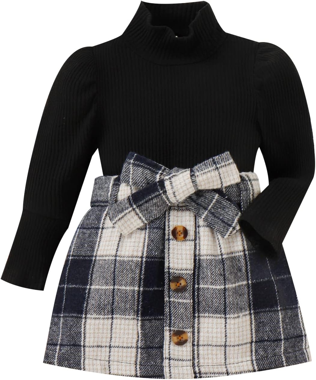 Warm baby girl's winter turtleneck and dress combo, ideal for daily wear.