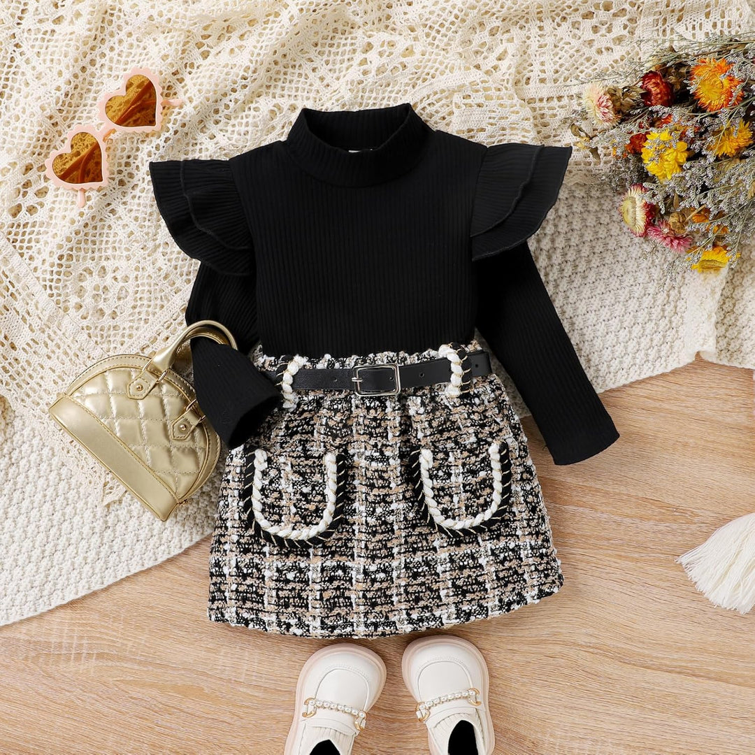 Baby girl's cozy knit turtleneck & dress set, perfect for playful winter days.