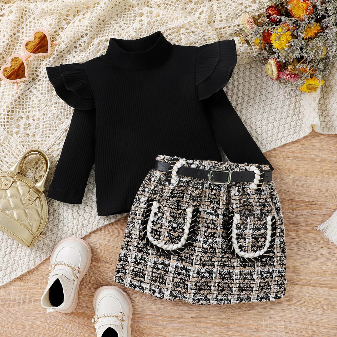 Cozy baby girl's knitted winter outfit with turtleneck top and dress.