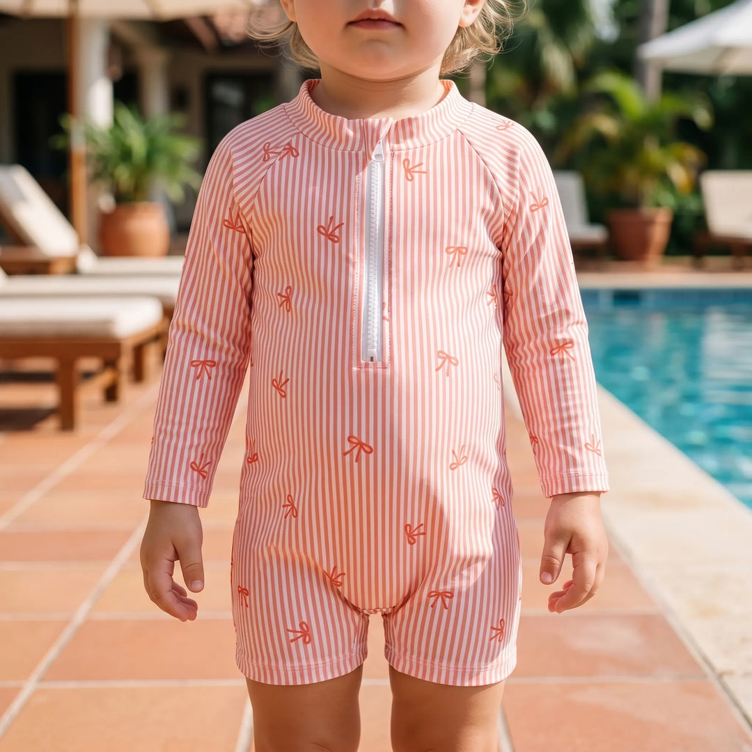 Baby girls' striped rash guard swim set with matching sun hat, providing excellent UPF 50+ sun protection.