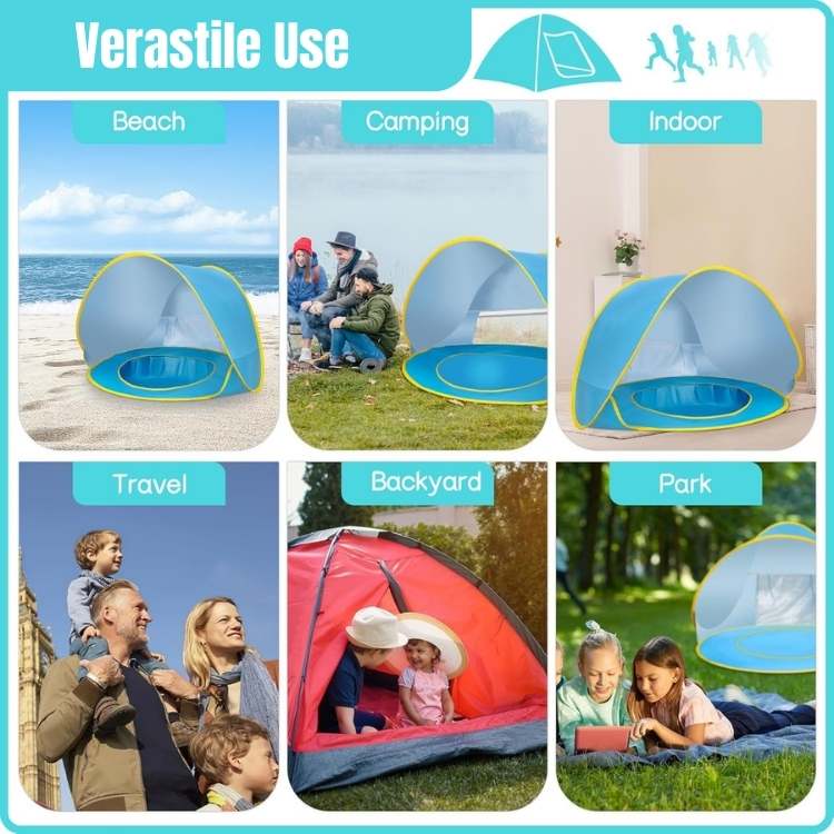 Travel-friendly baby beach tent featuring a built-in pool, perfect for infants to cool off under UV shade