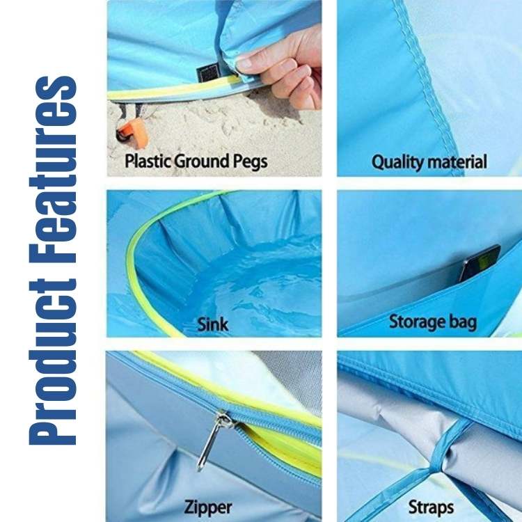 Portable baby pop-up beach tent with pool, offering UPF 50+ UV protection for safe outdoor fun and shade