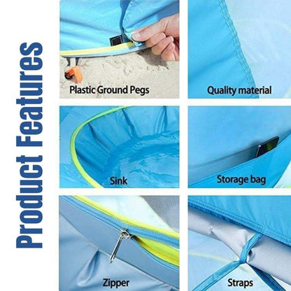 Portable baby pop-up beach tent with pool, offering UPF 50+ UV protection for safe outdoor fun and shade