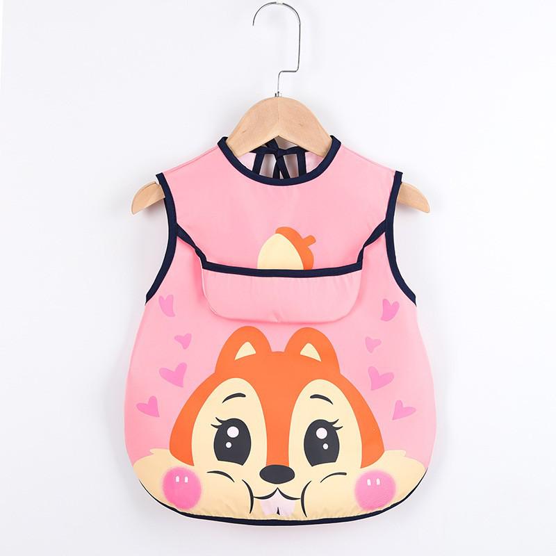 Adjustable polyester waterproof baby apron with large front pockets for art supplies & food catching.