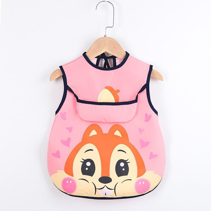 Adjustable polyester waterproof baby apron with large front pockets for art supplies & food catching.