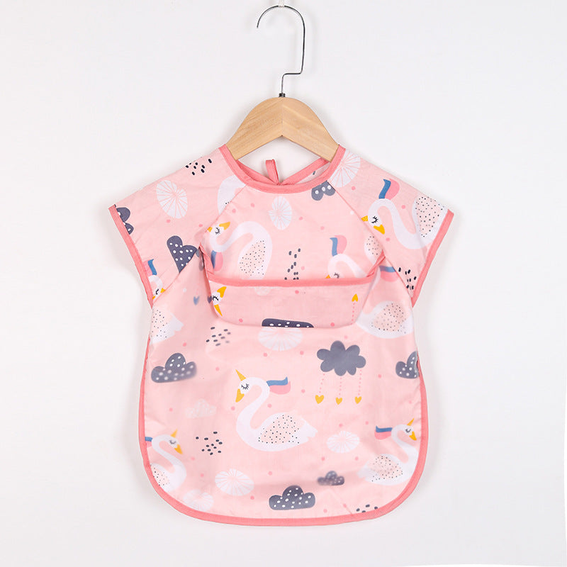 Infant waterproof feeding bib apron with crumb catcher pockets for mess-free mealtime.
