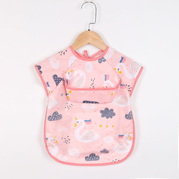 Infant waterproof feeding bib apron with crumb catcher pockets for mess-free mealtime.