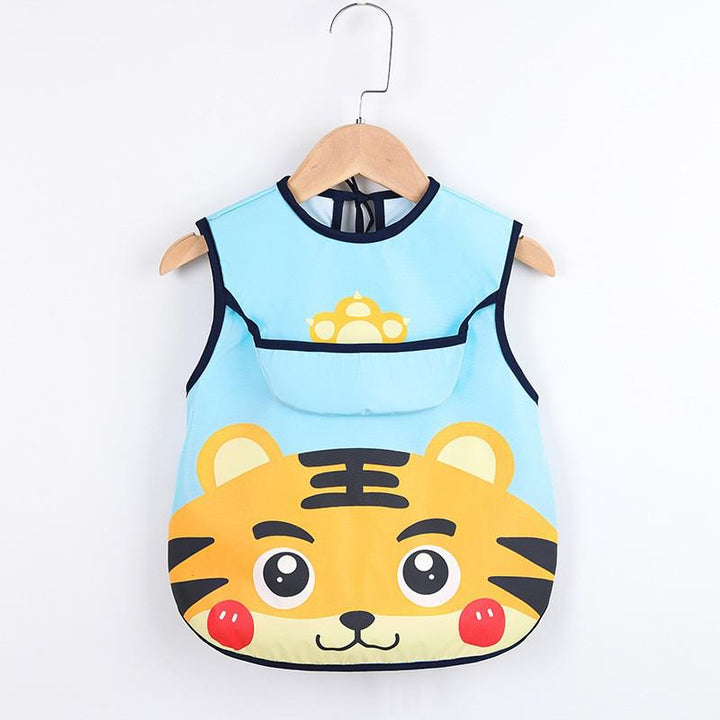 Durable polyester waterproof baby apron with food & art pockets; easy to clean and adjustable.