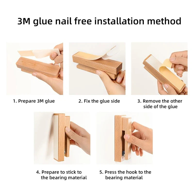 Drill-free wooden towel hook. Beech wood wall organizer for bathroom & kitchen. Ideal for rustic home decor.