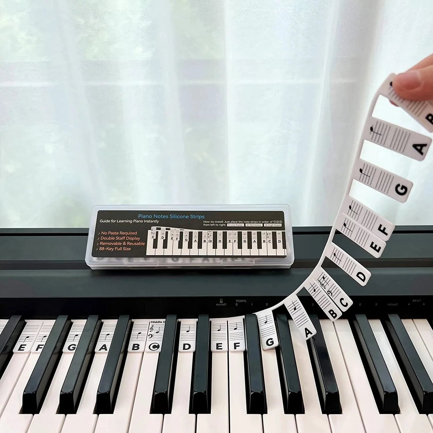 Beginner Piano Key Note Guide with easy removable silicone learning strips. Perfect for piano learning & music practice.