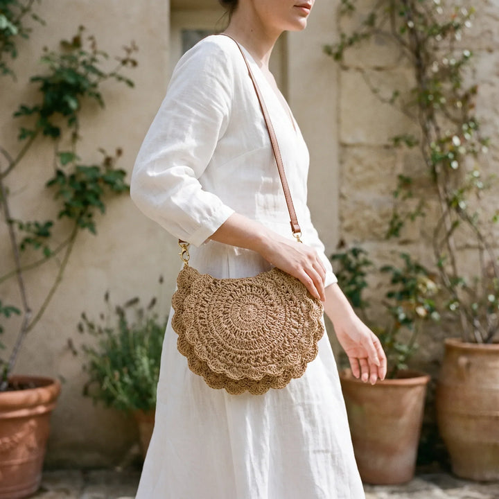 Beige women's casual woven crossbody bag with stylish scalloped flap. Textured, lightweight, perfect for summer & everyday.