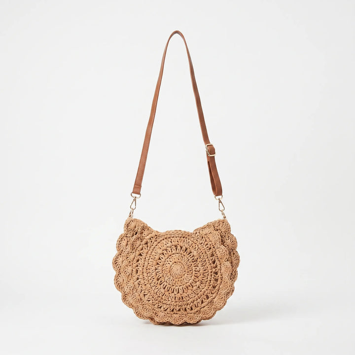 Beige woven crossbody bag for women, featuring a decorative scalloped flap. Casual, textured handbag for daily use.