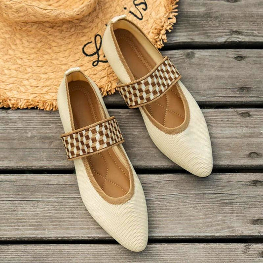 Beige women's orthopedic flats with arch support, perfect for comfortable all-day wear & walking.