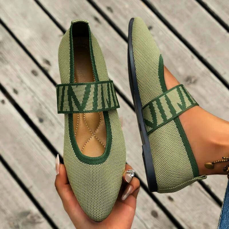 Green elastic strap flats for women, offering orthopedic comfort and foot support for daily walks.