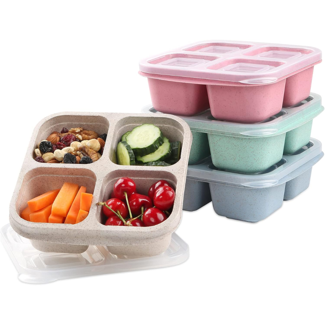 Bento-style 4-compartment meal prep food storage boxes. Reusable, BPA-free lunch containers for organized meals.
