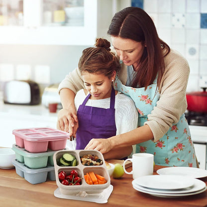 Set of 4 bento-style meal prep boxes with 4 compartments each. Perfect reusable food storage for lunch & snacks.