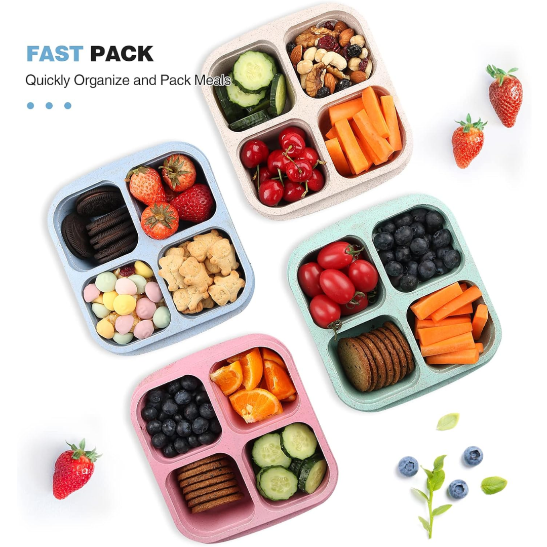 Organize meals with a 4-pack of bento-style 4-compartment food prep containers. Ideal for portable, healthy lunches.