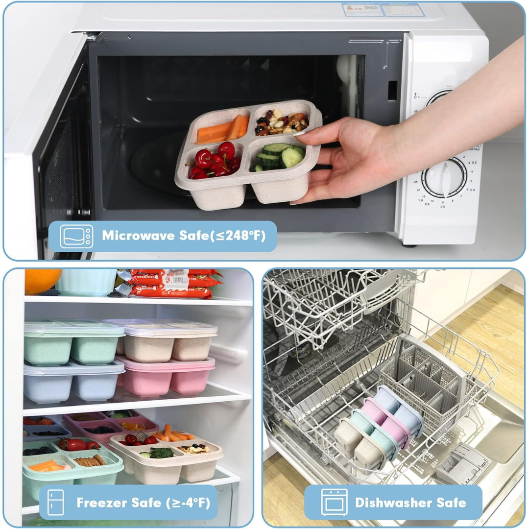 BPA-free 4-compartment bento box, 4-pack, for varied meal prep. Stackable food storage lunch containers.