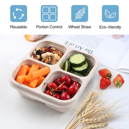 BPA-free 4-pack bento-style lunch containers, each with 4 compartments. Great for meal prep & snack boxes.