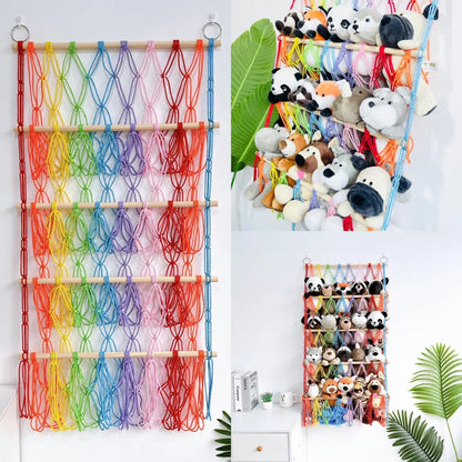 Kids' playroom organization with a berry blue toy hammock. Wall-mounted net for plush toys & nursery clutter.