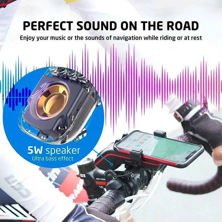 Rechargeable bike accessory featuring a bright light, phone holder, and speaker for cyclists