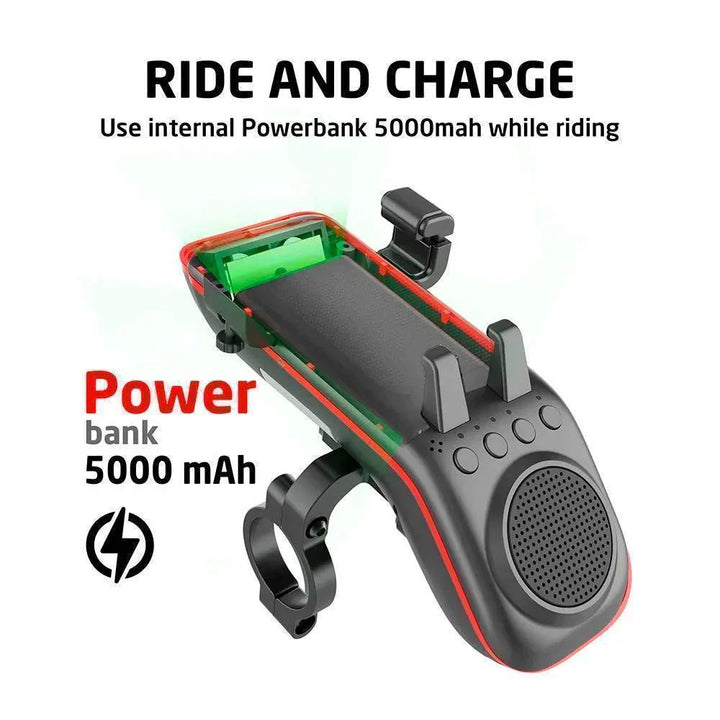 Multi-functional bike light power bank with phone holder and Bluetooth speaker for cycling essentials