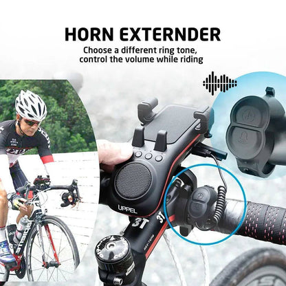 Front view of the 10-in-1 bike light, Bluetooth speaker and phone holder on a bicycle handlebar