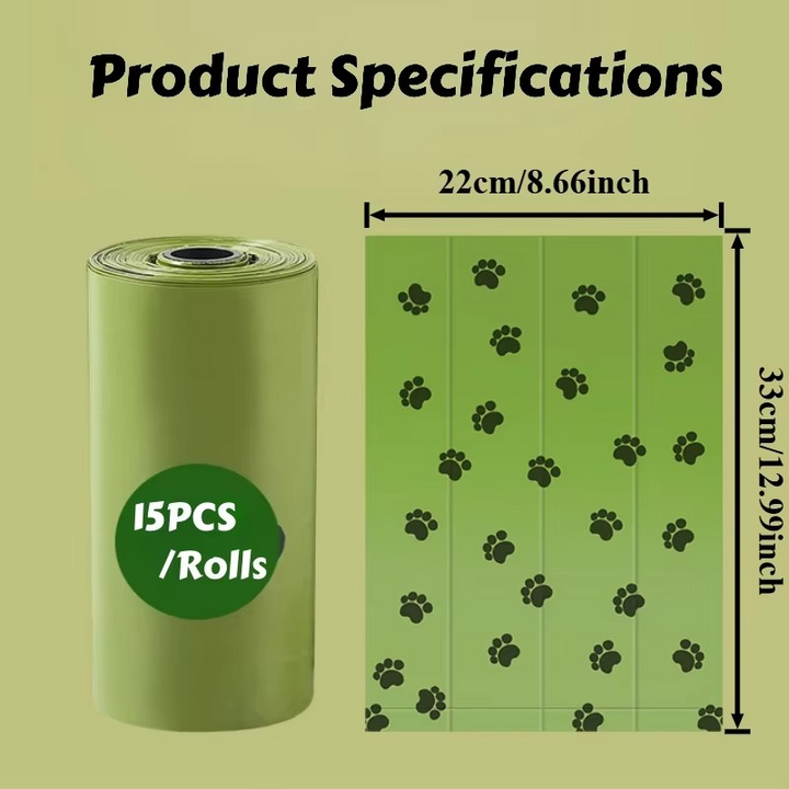 Eco-friendly biodegradable dog waste bags, leak-proof, with a dispenser for responsible pet cleanup.
