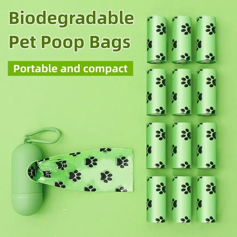 Roll of eco-friendly, leak-proof dog waste bags with a practical dispenser, perfect for daily pet waste.