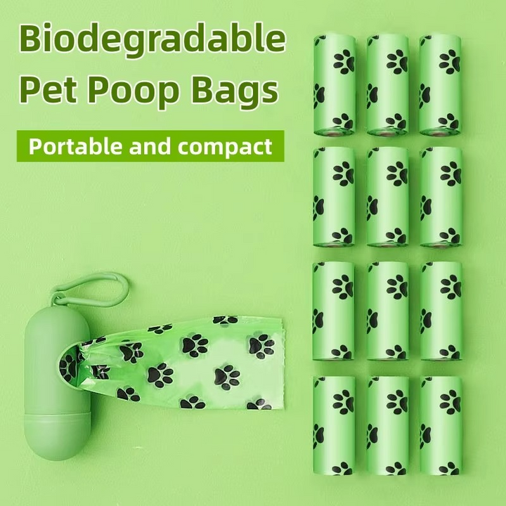 Roll of eco-friendly, leak-proof dog waste bags with a practical dispenser, perfect for daily pet waste.