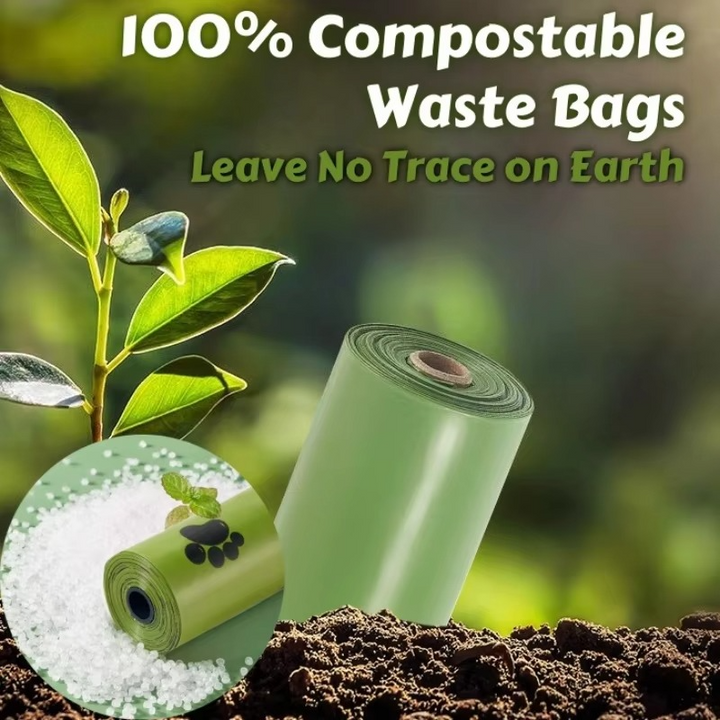 Sustainable pet care: leak-proof, biodegradable dog waste bags & dispenser, great for dog cleanup on walks.