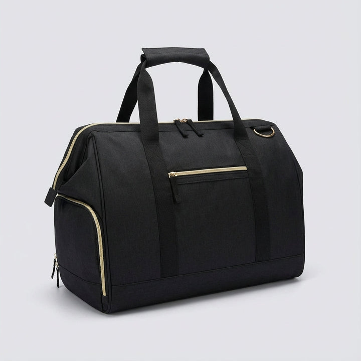 Unisex waterproof 33-liter duffel bag in black, ideal for travel, gym, or overnight stays. Durable & versatile.