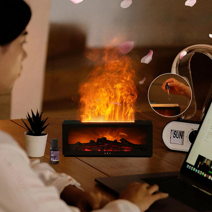 Black air humidifier & purifier with realistic flame effect, enhancing home air quality & ambiance.