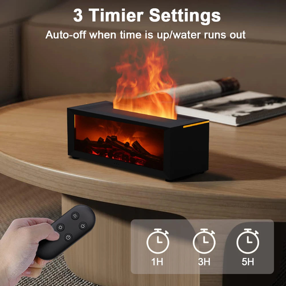 Quiet aromatherapy diffuser with flame effect, perfect for essential oil relaxation & improved air quality.