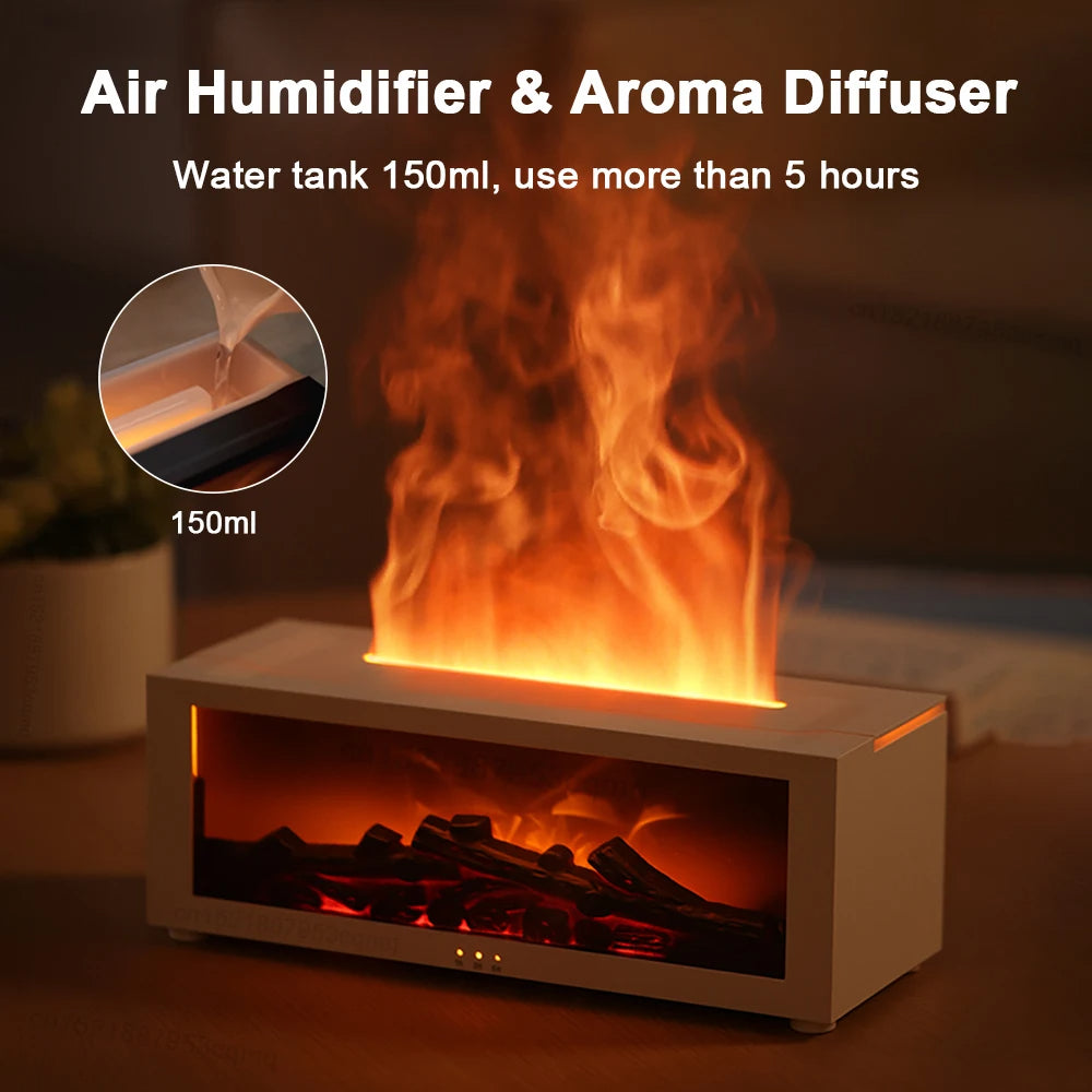 Multifunctional air humidifier, purifier & essential oil diffuser with soothing flame effect for wellness.