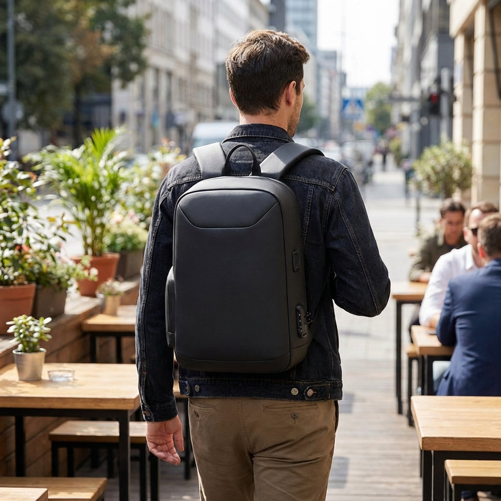 Black anti-theft business laptop backpack for daily commute, offering secure storage and a sleek professional look.