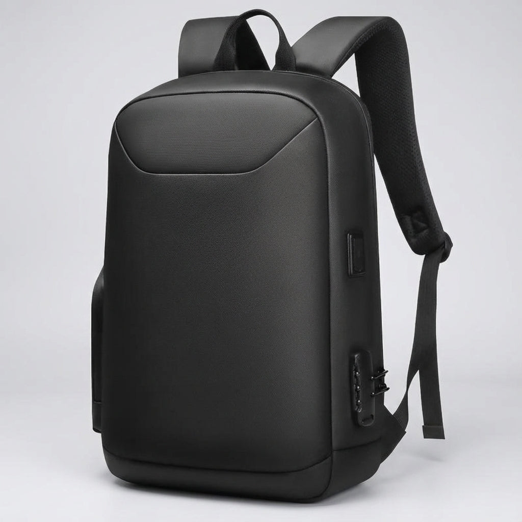 Versatile anti-theft travel backpack with USB charging port, ideal for commuters & students. Expandable & secure black bag.
