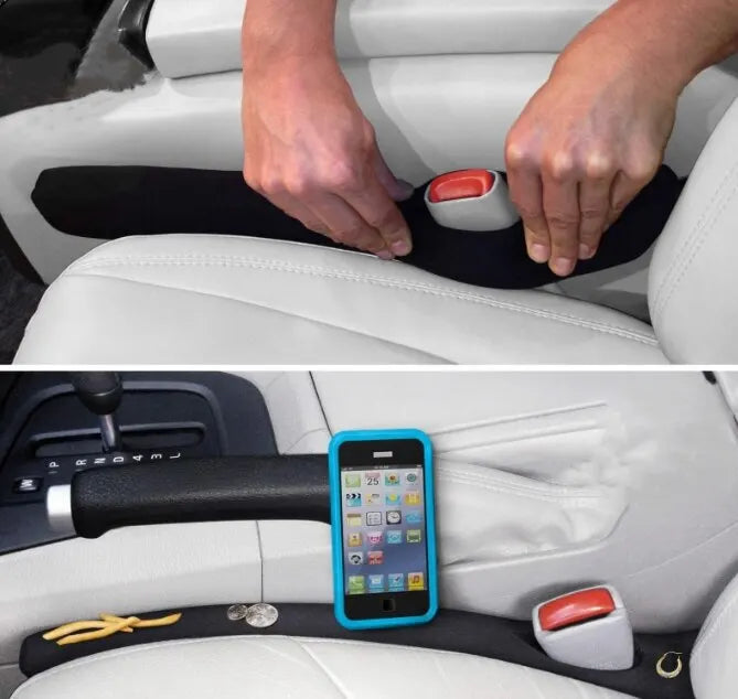 Black car seat gap filler organizer set. Prevents items from falling into the seat gap. Keeps your car tidy.