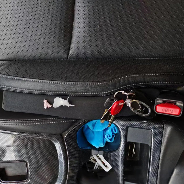 Spill-proof car seat gap filler organizers, a 2-piece set for vehicle interiors. Essential auto accessory.