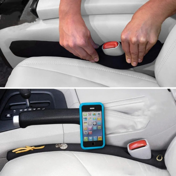 Keep your car tidy with this 2-piece car seat gap filler set. Spill-proof auto accessory prevents clutter.