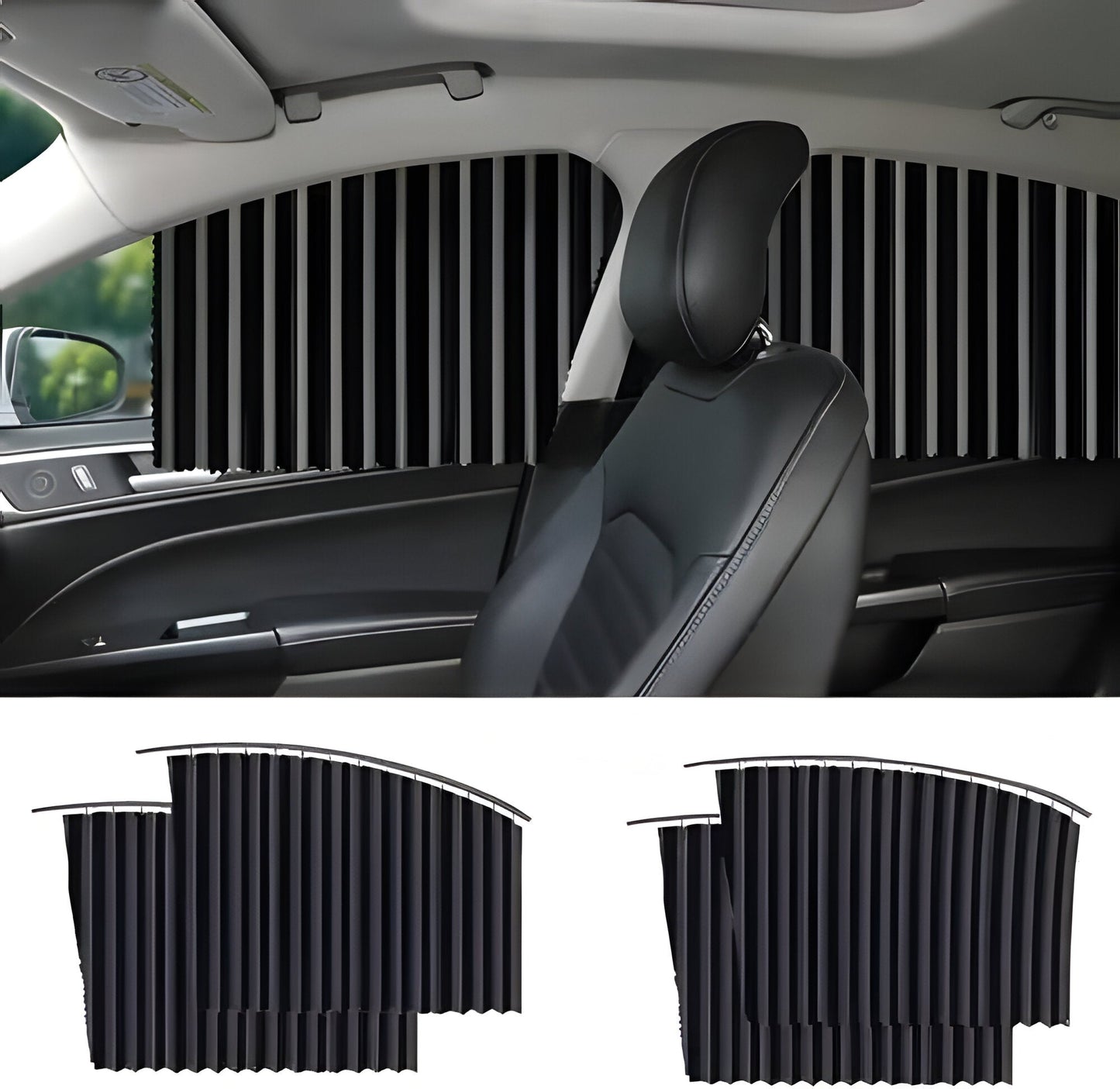 Black car window shades for UV protection, blocking sun & heat, enhancing driving comfort.