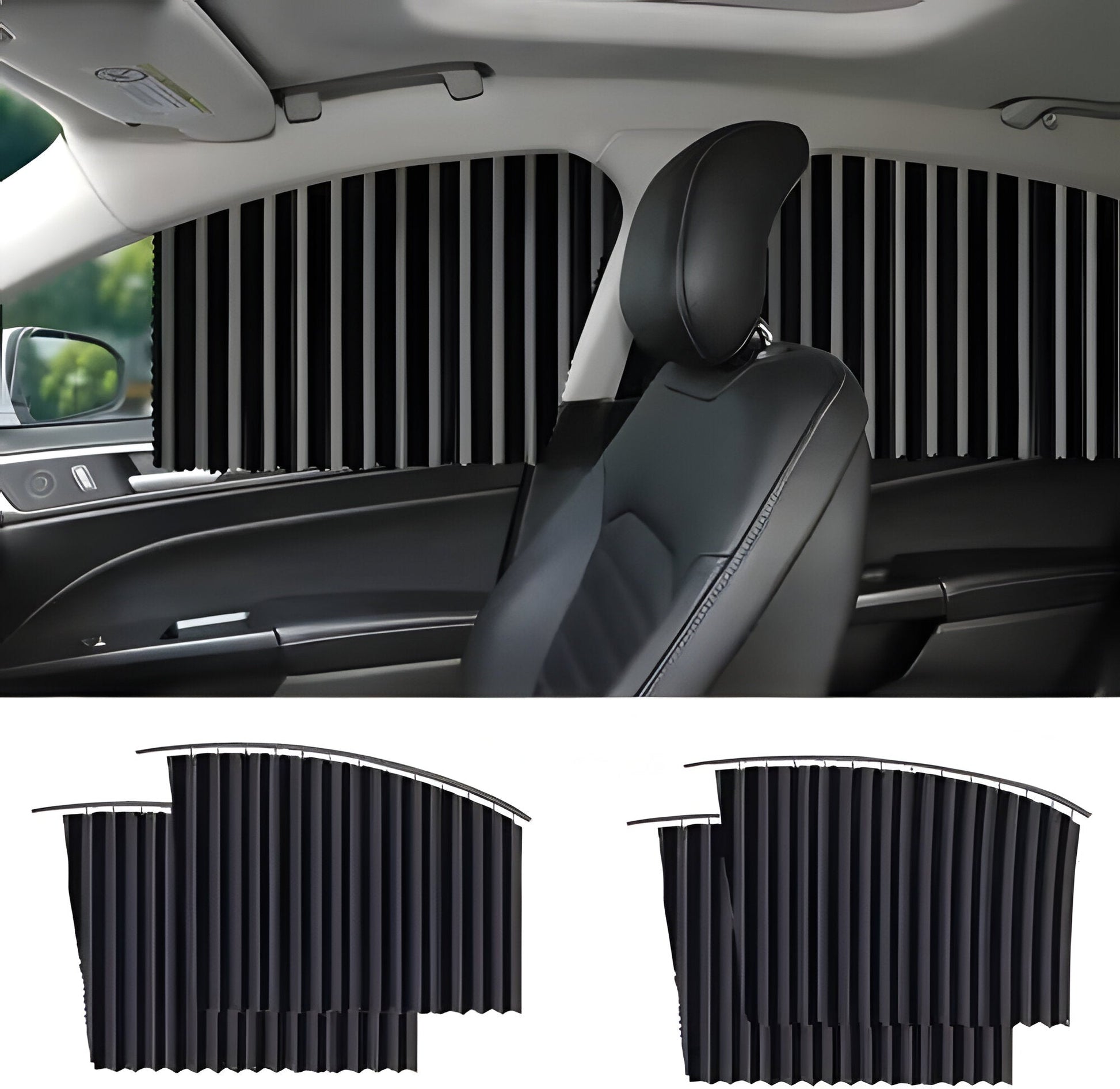 Black car window shades for UV protection, blocking sun & heat, enhancing driving comfort.