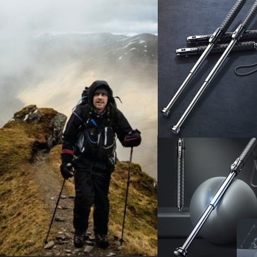 Adjustable black aluminum trekking poles, unisex. Essential hiking gear providing outdoor stability & mobility aid.