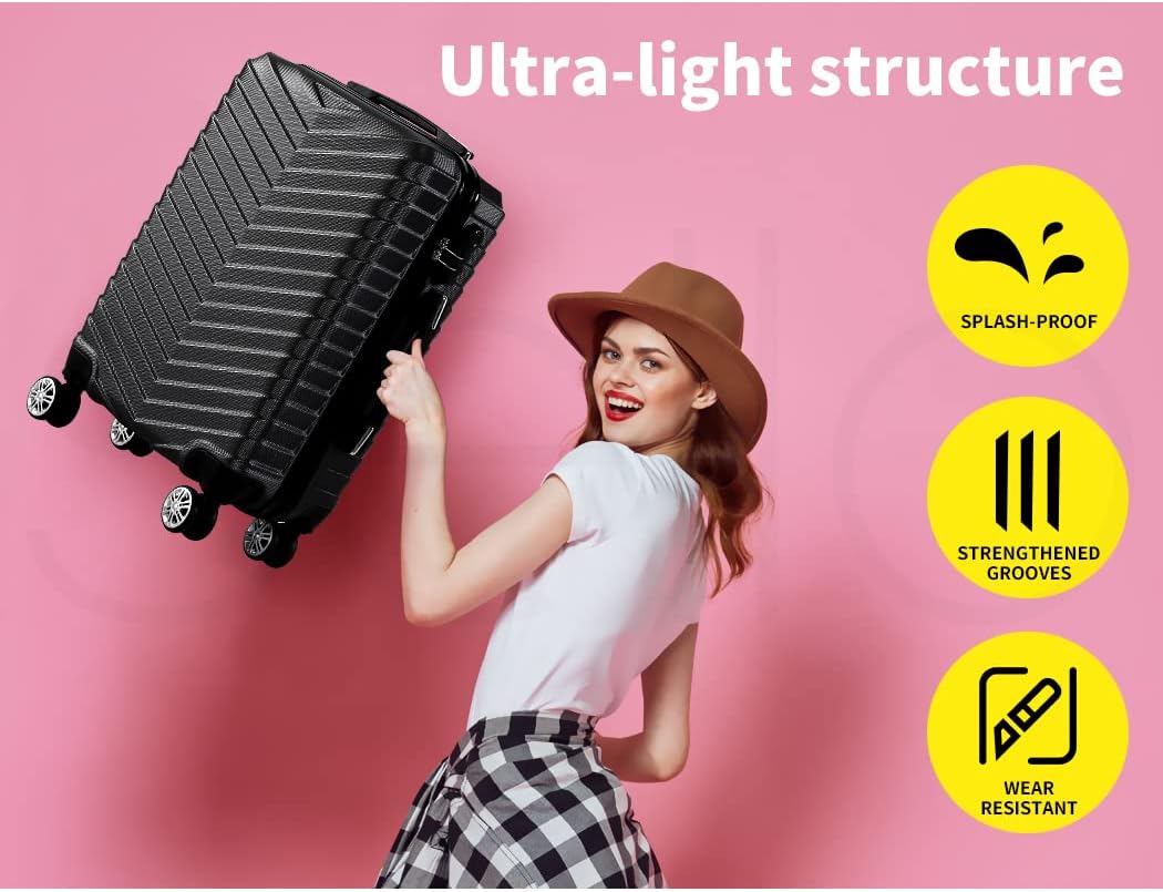 Travel-ready black hard-shell carry-on suitcase with 360° spinner wheels, perfect for weekend trips & short journeys.