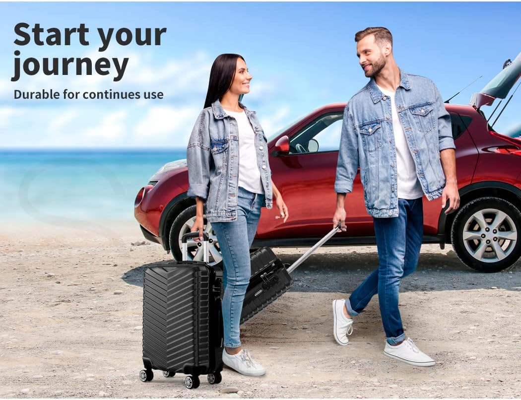 Stylish black lightweight hard-shell carry-on suitcase, compact with 360° spinner wheels for travel convenience.