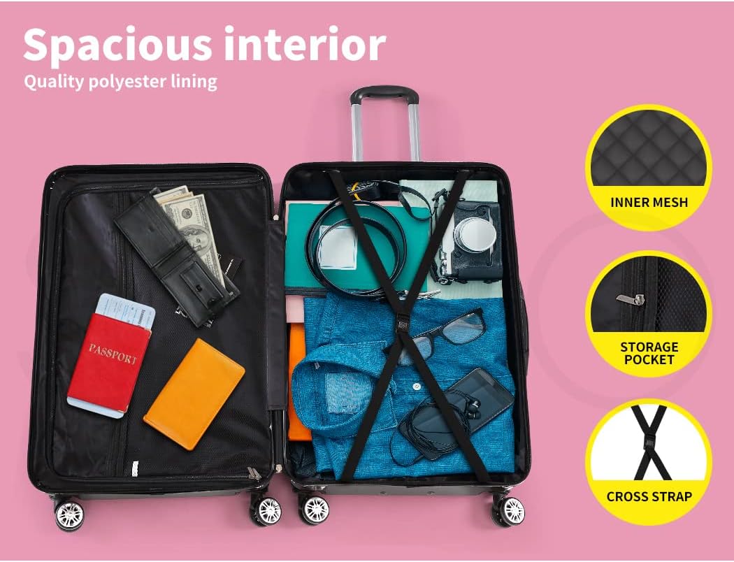 Durable black hard-shell carry-on suitcase. Compact travel bag with smooth 360° spinner wheels for any trip.